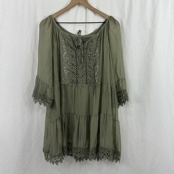 Scandal Italy Juliet Green Silk Blend Crochet Lace Flowy Tie Neck Top Womens O/S - Picture 1 of 13